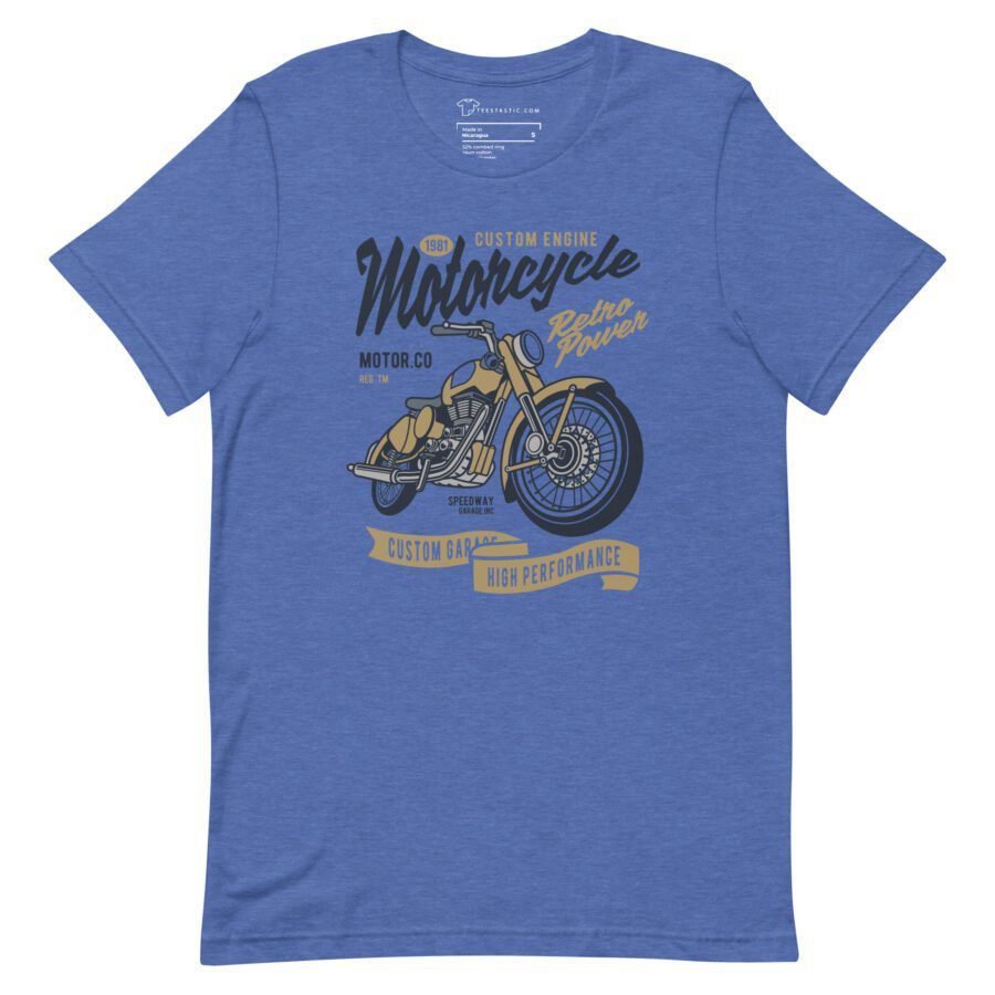 Blue T-shirt featuring a retro motorcycle graphic design with the text "Custom Engine Motorcycle - Retro Power - Custom Garage - High Performance," from our Motocycle Retro Power collection.