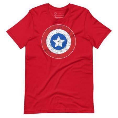 Experience the Star and Stripes with our Red Captain America Unisex T-shirt, featuring a distressed graphic of Captain America's iconic circular shield and central star.