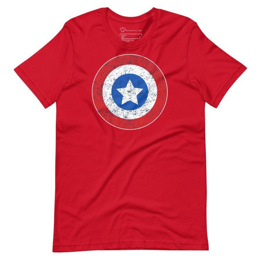 Experience the Star and Stripes with our Red Captain America Unisex T-shirt, featuring a distressed graphic of Captain America's iconic circular shield and central star.
