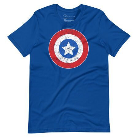 The "Star and Stripes | Red Captain America | Unisex T-shirt" features a blue fabric decorated with a distressed graphic of a circular Captain America shield, displaying a white star on a blue field, encircled by red and white rings.