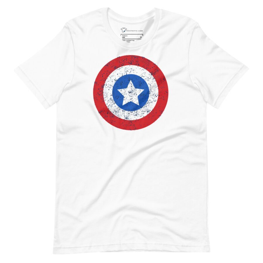 White unisex T-shirt emblazoned with a distressed circular emblem in red, white, and blue, showcasing a central white star. Perfect for fans of the Star and Stripes theme. "Star and Stripes | Red Captain America | Unisex T-shirt.