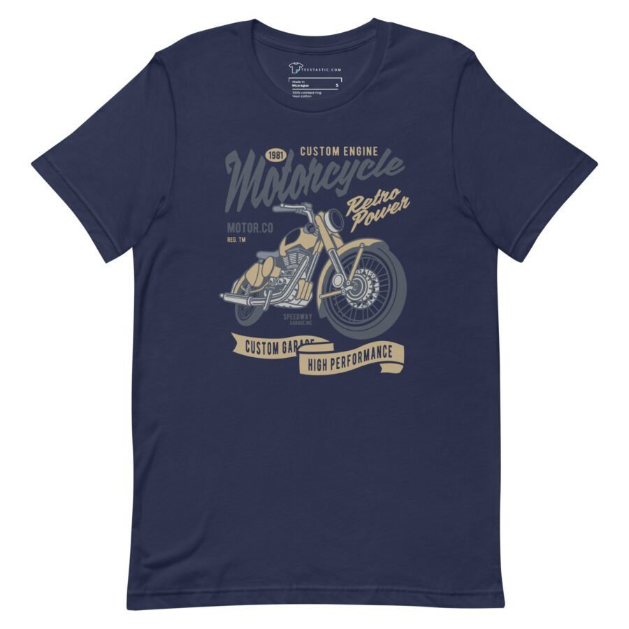 The Motocycle Retro Power T-shirt features a vintage motorcycle graphic accompanied by the text "1981 Custom Engine Motorcycle Retro Power," "Motor Co," "Specimen Res. TM," "Custom Garage," and "High Performance." This retro design is ideal for motorcycle enthusiasts who appreciate style and nostalgia.