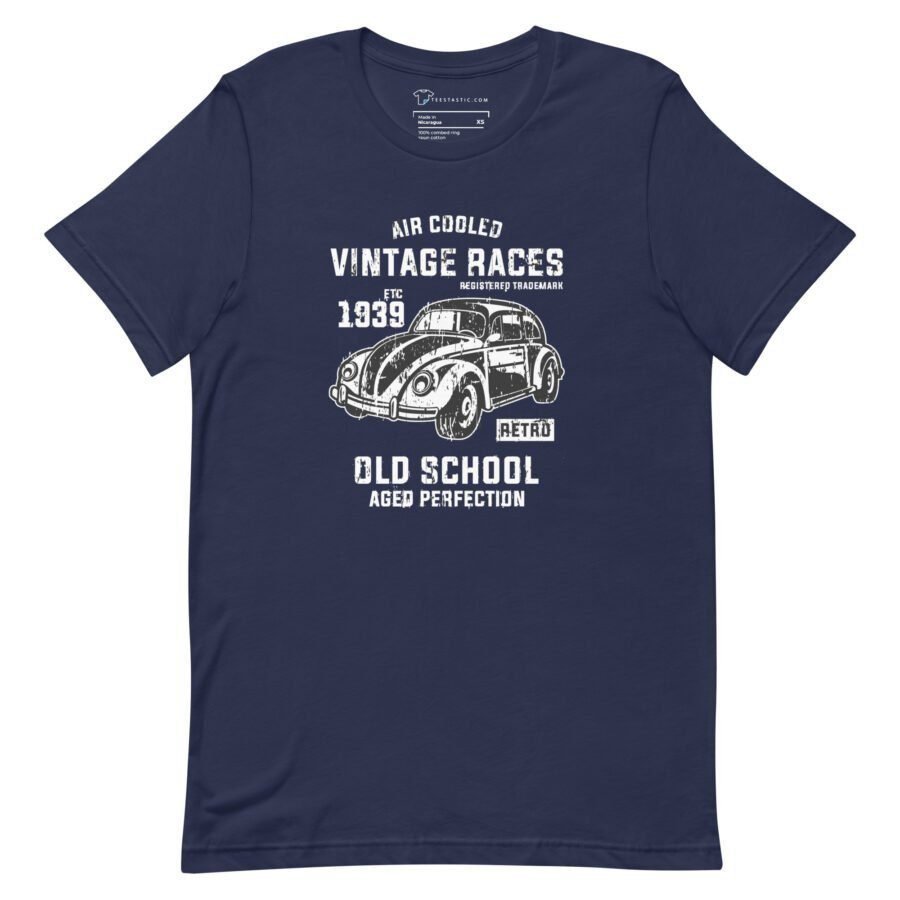 The Air Cooled VW | Old School | Unisex Heavy Cotton Tee in navy blue displays a white graphic of a vintage Air Cooled VW car with the text "Air Cooled Vintage Races Estd 1939 Old School Retro Aged Perfection.