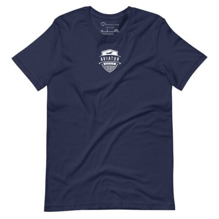 A navy blue Aviator Captain Jet Badge Short-Sleeve Unisex T-Shirt with a white "Aviator" emblem featuring an airplane graphic on the chest.