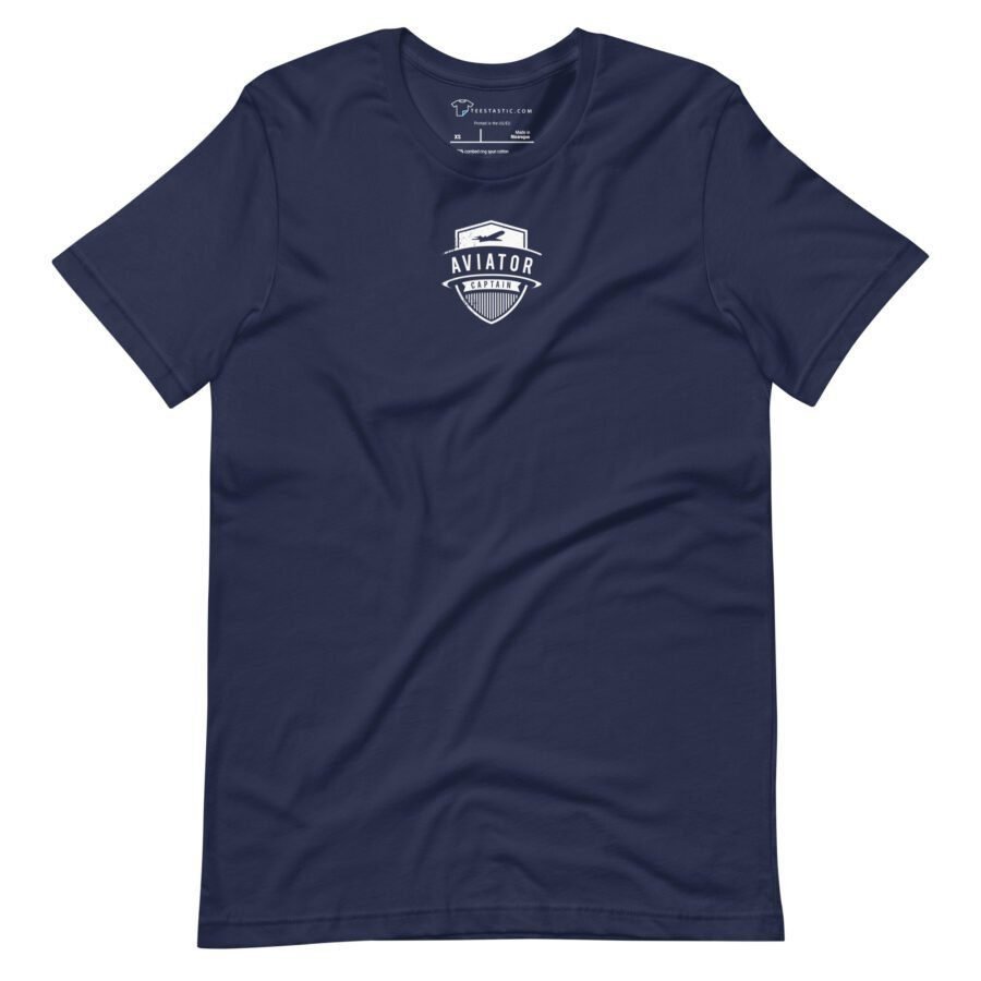 A navy blue Aviator Captain Jet Badge Short-Sleeve Unisex T-Shirt with a white "Aviator" emblem featuring an airplane graphic on the chest.