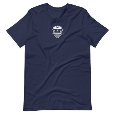 A unisex T-shirt in navy blue with a small white AVIATOR logo and an illustration of a 737 Jet on the chest.