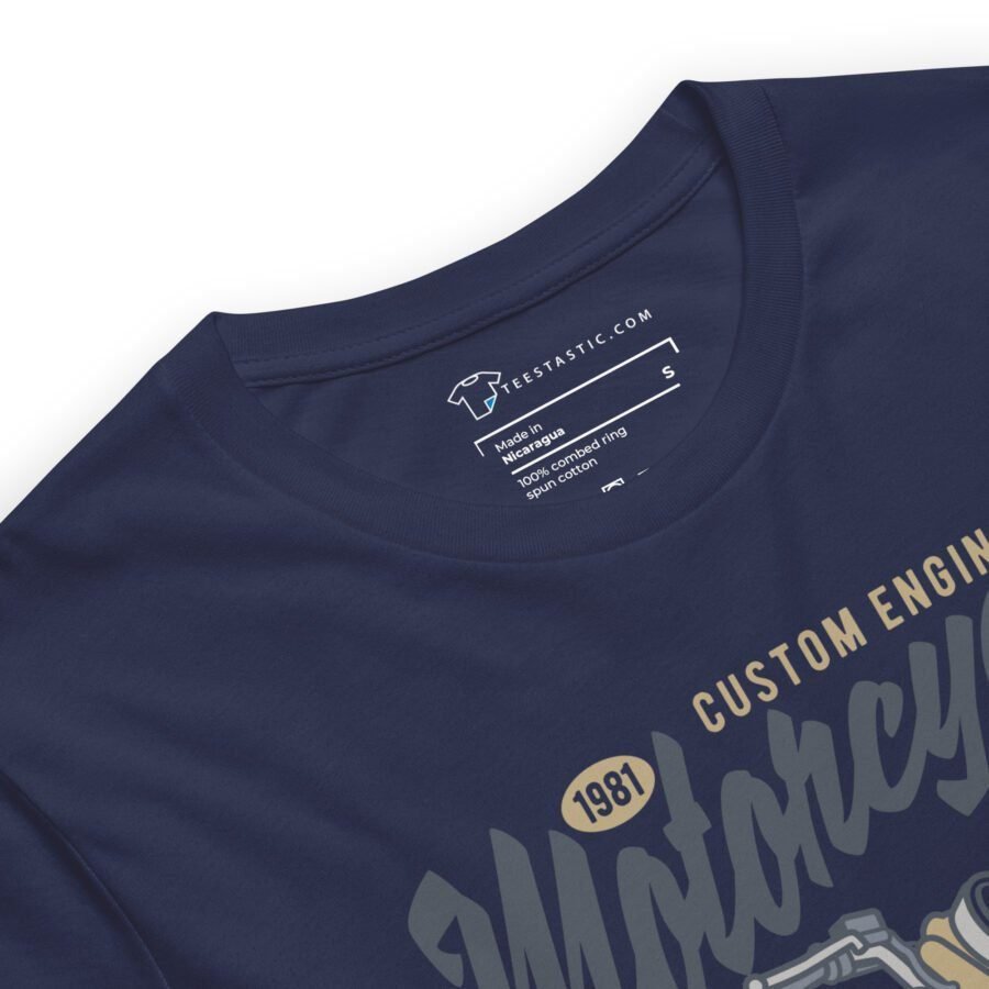 The MOTORCYCLE RETRO POWER T-shirt in navy blue features retro-inspired printed text and graphics centered around custom motorcycle engineering. The inside label reads: "teestastic.com, Made in Vietnam, Medium, 50% cotton 50% polyester, spot cleaning.