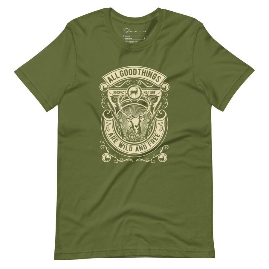 Sport the "All Good Things Are Wild And Free" Unisex Heavy Cotton Tee in olive green, showcasing an intricate deer design with antlers and the inspiring message, "All good things are wild and free. Respect nature.