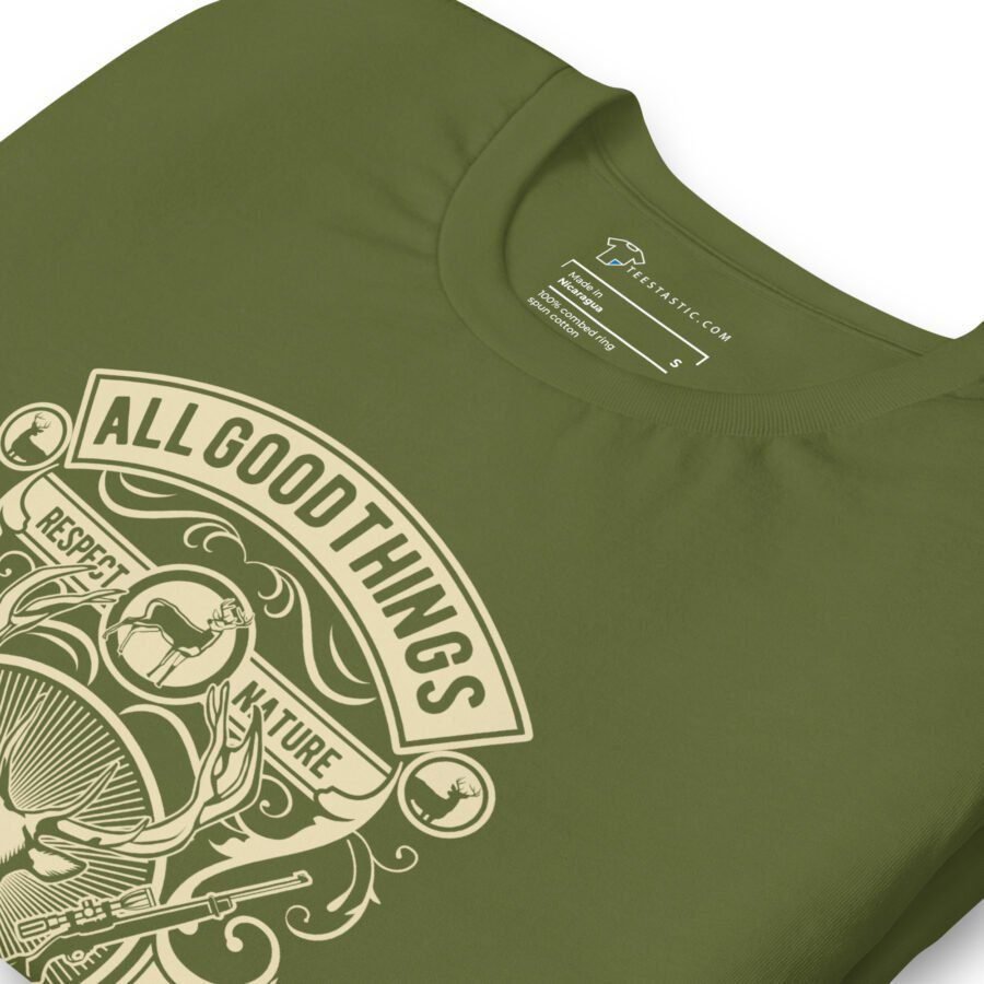 The "All Good Things Are Wild And Free" Unisex Heavy Cotton Tee features a vibrant green color and an intricate beige design with nature and wildlife elements. It prominently displays the text "ALL GOOD THINGS" at the top with "RESPECT NATURE" underneath, making it perfect for eco-conscious fashion enthusiasts.