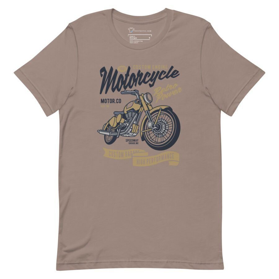 Motocycle Retro Power T-shirt in beige showcasing a graphic of a vintage motorcycle along with the text "Custom Engine," "Retro Power," and "High Performance." Ideal for motorcycle enthusiasts who love retro vibes.