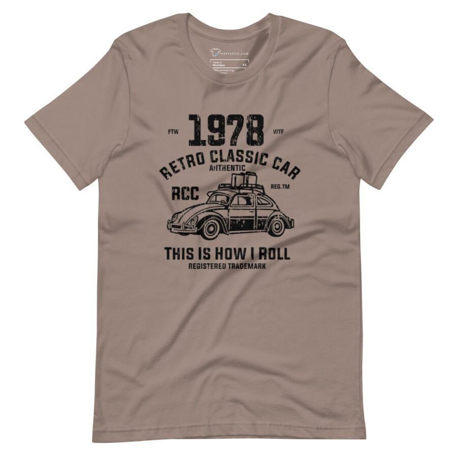 Classic Car VW "I Roll" unisex heavy cotton tee in beige, featuring a vintage car graphic with the text "1978 Retro Classic Car RCC" and "This is how I roll" underneath.