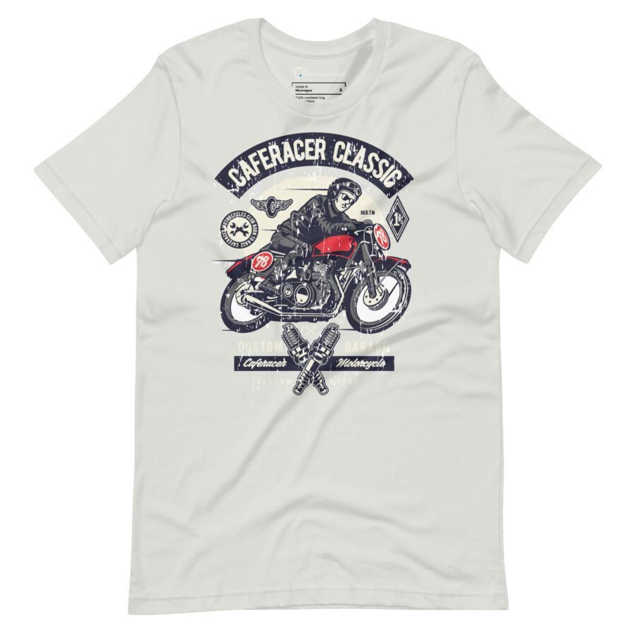 The Cafe-Racer Classic | Unisex Heavy Cotton Tee showcases a graphic design of a motorcyclist on a vintage bike with the text "Café Racer Classic" at the top.