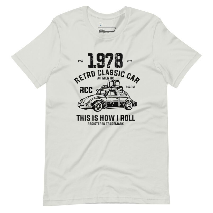 The Classic Car VW | I Roll Unisex Heavy Cotton Tee in white features a vintage-style graphic of a Classic Car VW with the text "1978 Retro Classic Car Authentic RCC Registered Trademark. This is how I roll.