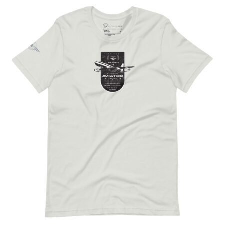 Unisex T-shirt titled "Pioneer | Airline Jet 707 | Retired Aviator" featuring a black and white graphic of an airline jet 707 with text reading "Aviator" and additional details.