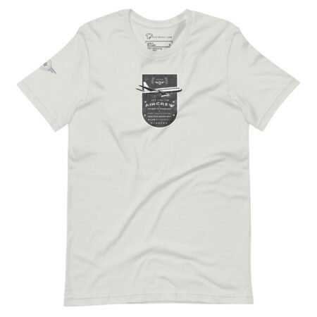 The "Pioneer Jetliner | Retired Crew | Unisex T-shirt" features a dark grey graphic of a vintage airplane over a badge-like design with the text "Aircrew" and additional details. Perfect for retired crew members, it also has a smaller emblem on the left sleeve.