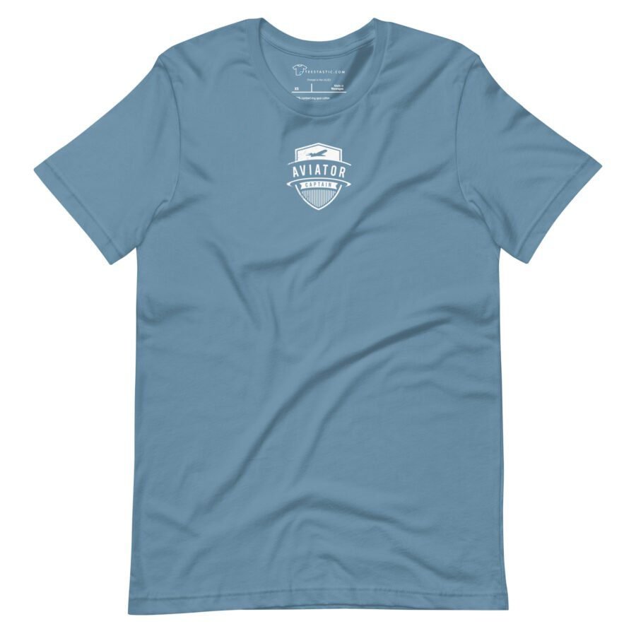 A light blue, unisex "Aviator Captain Jet Badge" short-sleeve T-shirt featuring a white logo and the text "Aviator" above a graphic of an airplane, perfect for any aspiring captain.