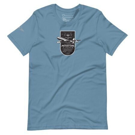 A unisex T-shirt in blue, featuring the "Pioneer | Airline Jet 707 | Retired Aviator" graphic on the front, depicts a plane and the text "Aviator" in a vintage style reminiscent of the pioneering era of aviation.