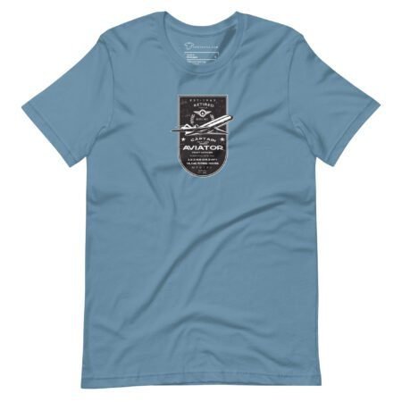 A light blue unisex T-shirt featuring a black-and-white graphic of an Airline Jet 727 with the text "Retired Aviator" from the Pioneer collection.