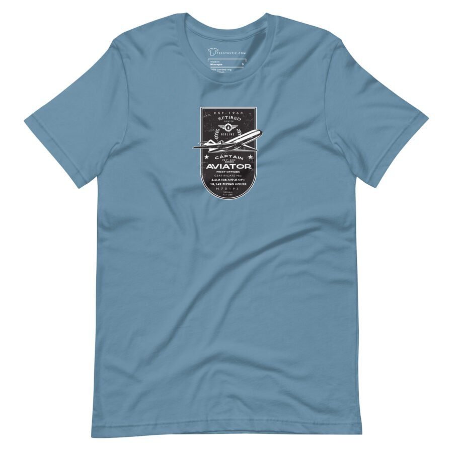 A light blue unisex T-shirt featuring a black-and-white graphic of an Airline Jet 727 with the text "Retired Aviator" from the Pioneer collection.