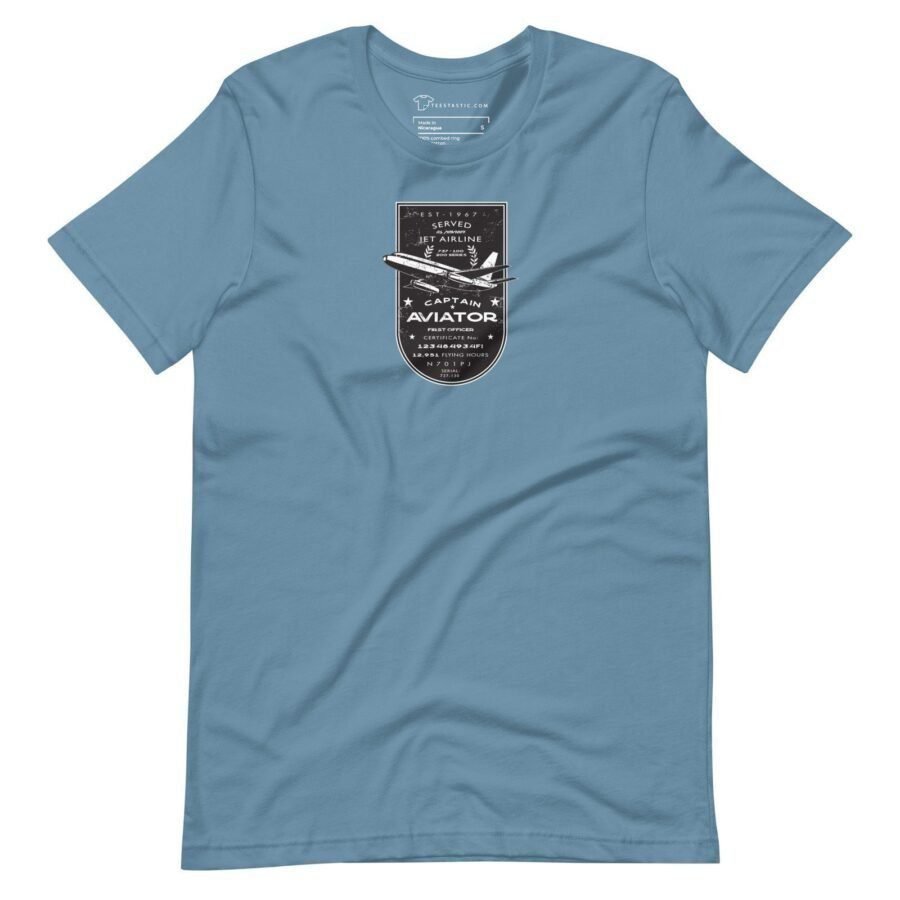 A unisex T-shirt in blue showcasing a retro-style graphic of an airplane with the text "Retired Aviator," evoking the pioneering era of the Airline Jet 737.