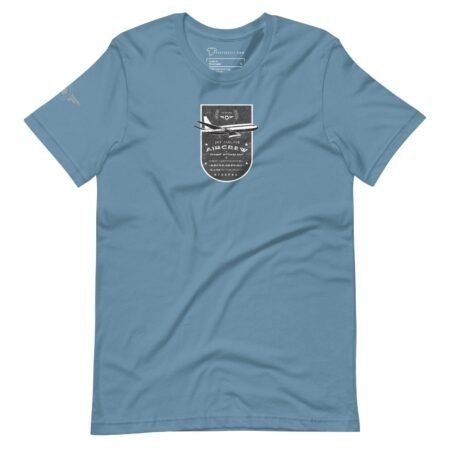 Blue unisex T-shirt with a graphic design in the center featuring a Pioneer Jetliner and text that includes "Retired Crew" and "1942".