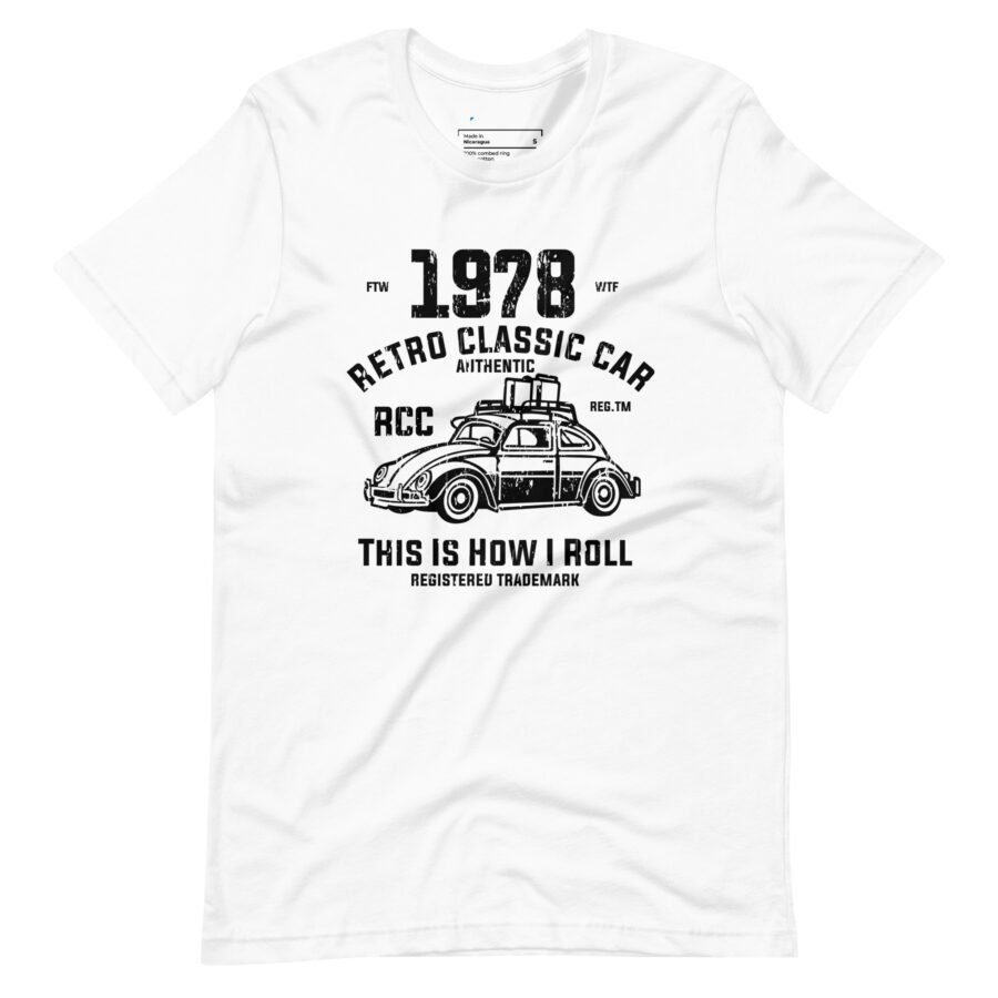 White unisex heavy cotton tee with a black print design featuring a classic VW car and text that reads "1978 Retro Classic Car - This is How I Roll." Product Name: Classic Car VW | I Roll | Unisex Heavy Cotton Tee