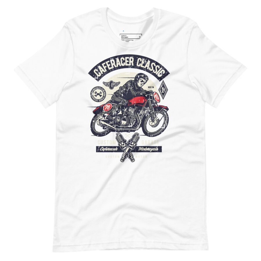 Unisex heavy cotton tee featuring a graphic design of a motorcyclist on a red bike, adorned with the text "Cafe-Racer Classic" at the top along with various vintage-style elements and logos.