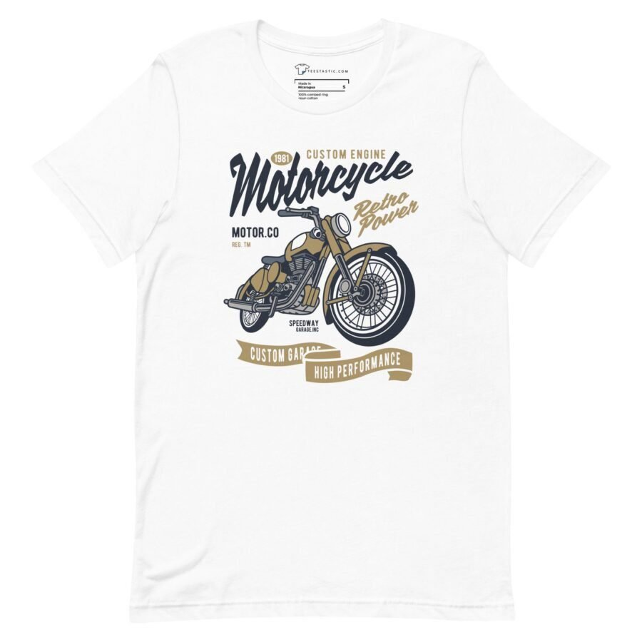 The Motocycle Retro Power T-shirt features a vintage-style motorcycle graphic adorned with text including "Custom Engine Motorcycle", "Retro Power", "Custom Garage", "High Performance", and "Motor Co. Est. 1981" in various fonts, making it perfect for showcasing your love of retro motorcycles and classic power.