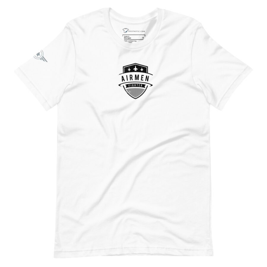 The "Airmen Fighter | Unisex T-shirt" showcases the "AIRMEN" logo along with stars and a shield on the front, and features a small Airmen Fighter logo on the left sleeve.