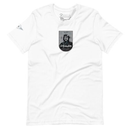 Pioneer Aviator unisex T-shirt featuring a graphic design inspired by St. Louise Aircraft, showcasing a pioneer aviator wearing goggles and a helmet in the center.