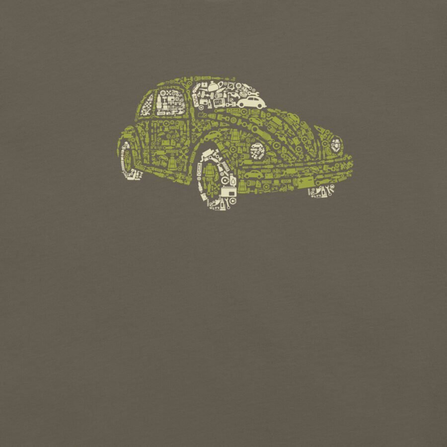 A depiction of a vintage VW Beetle composed of tiny symbols and icons, featured on a dark green background. Ideal for the Retro VW Beatle Unisex T-shirt design.
