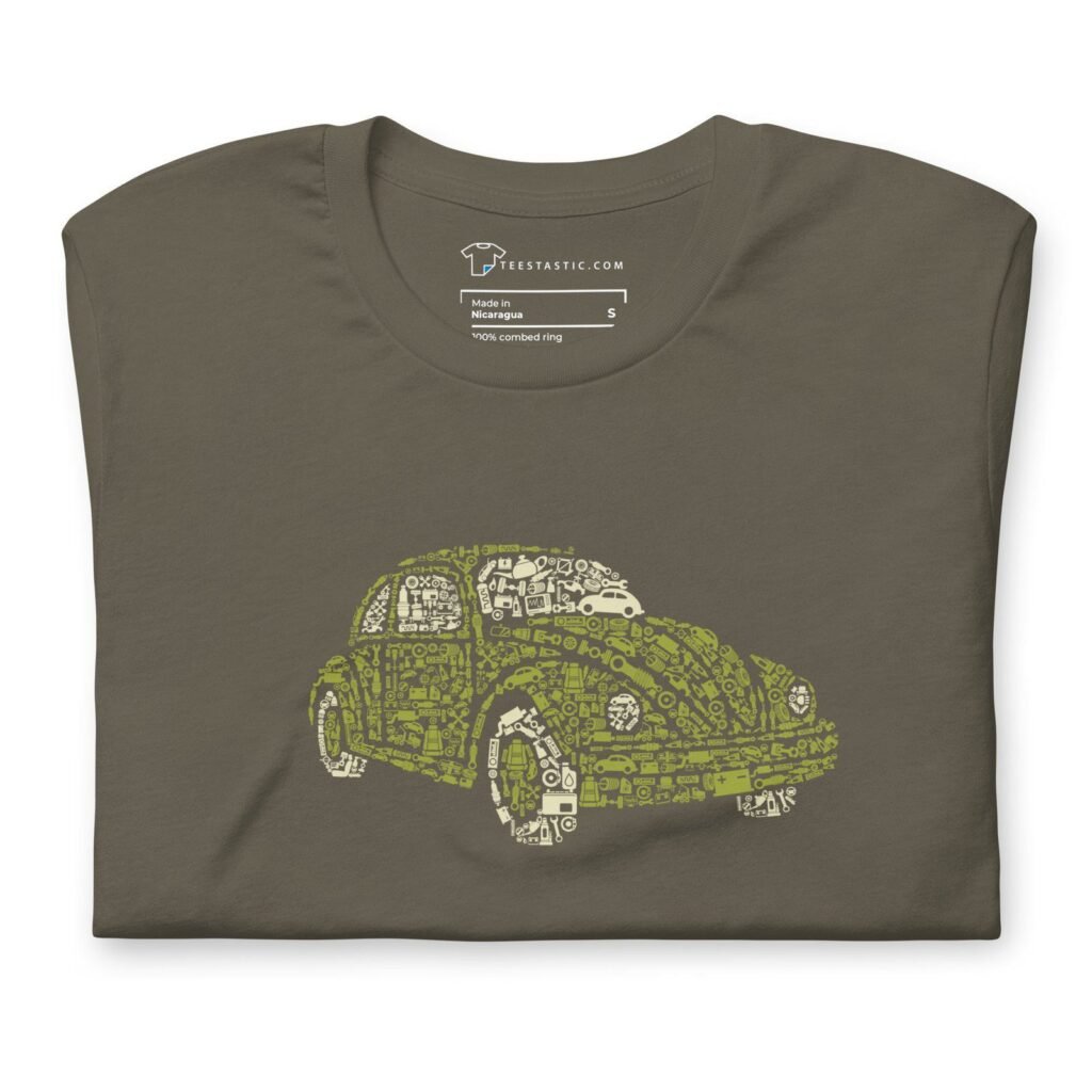 Unisex t-shirt in green featuring a graphic design of a Retro VW Beatle made from mechanical parts on the front.