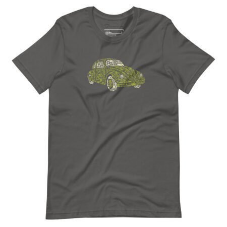 Unisex T-shirt in gray showcasing a yellow vintage VW Beetle design on the front, perfect for fans of retro cars.