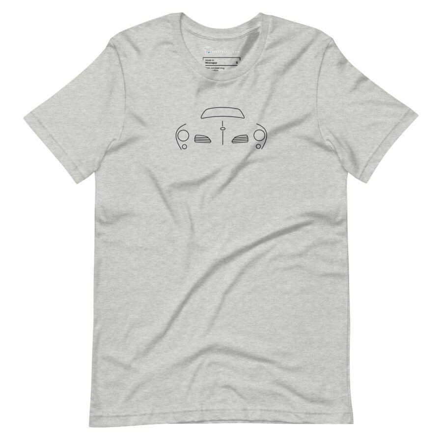 The CARMEN VW | I Unisex Heavy Cotton Tee showcases a minimalist black line drawing of a classic car's front view on its gray, heavy cotton fabric.