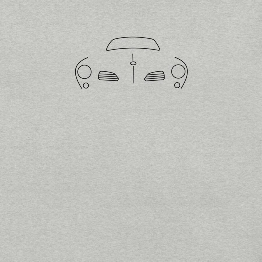 Unisex t-shirt showcasing a simple line illustration of a car's front view, highlighting the headlights, grille, and windshield against a light gray backdrop.