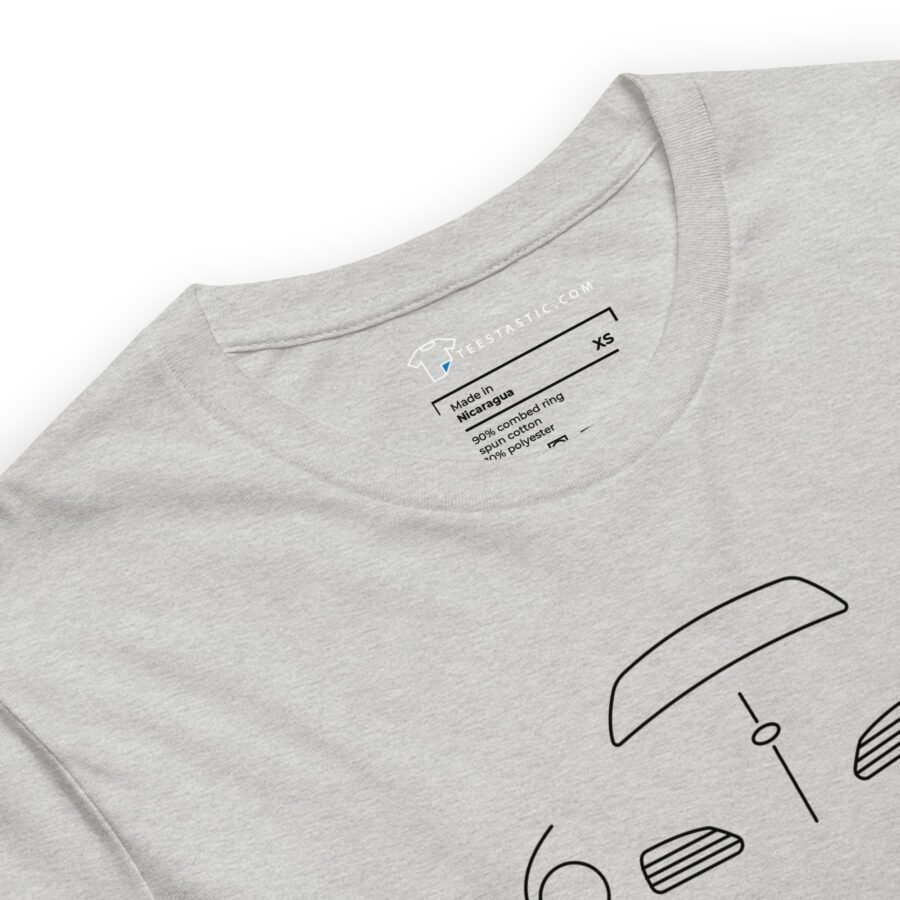 Unisex t-shirt in gray showcasing a minimalist car graphic, complete with a visible label indicating size XS and fabric information, laid flat on a surface.