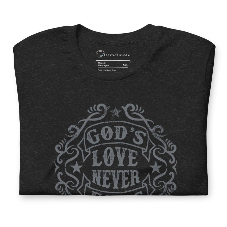 This unisex t-shirt showcases a sleek black design highlighted with elegant "GOD'S LOVE NEVER FAILS" text, enhanced with star and swirl embellishments for an enduring style.