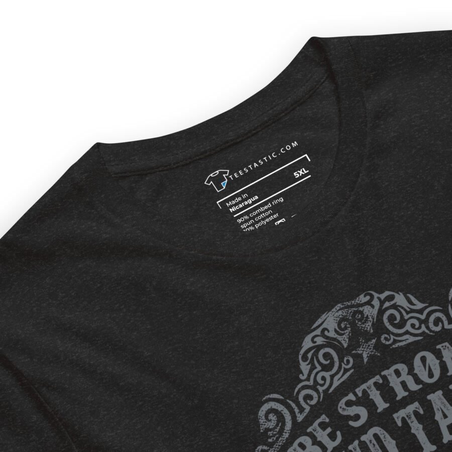 A close-up of the EVERYTHING IS POSSIBLE | Unisex T-shirt shows the collar and printed label, which includes size "5XL" and care instructions. Part of the inspiring "Everything is possible" graphic text is visible, enhancing its classic black design.
