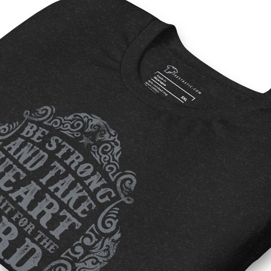 A black unisex T-shirt with the product name "EVERYTHING IS POSSIBLE," featuring an inspiring quote, "Be strong and take heart, wait for the Lord," elegantly printed in gray with ornate elements.