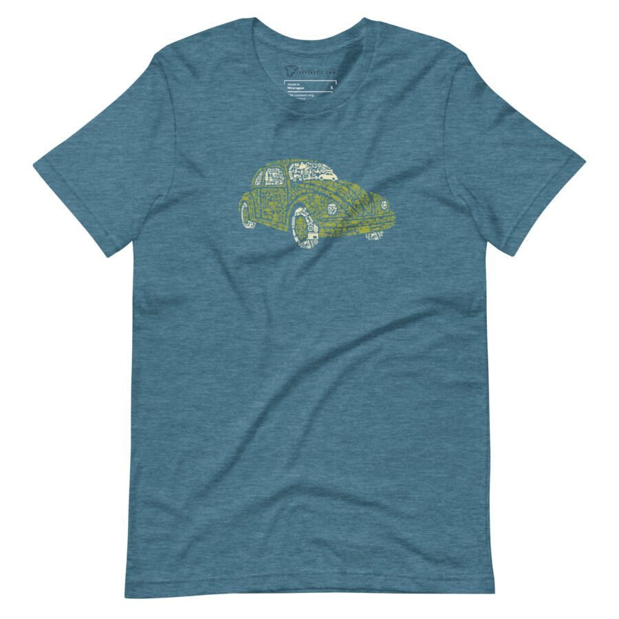 Unisex T-shirt in blue showcasing a line-drawn vintage Retro VW Beatle design on the front.