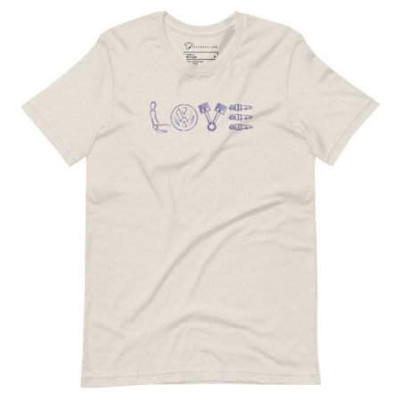 Beige unisex T-shirt showcasing "LOVE" creatively designed from VW Beetle components.