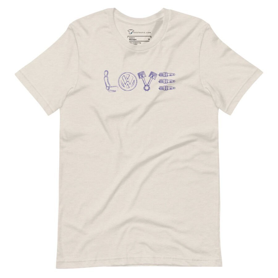 Beige unisex T-shirt showcasing "LOVE" creatively designed from VW Beetle components.