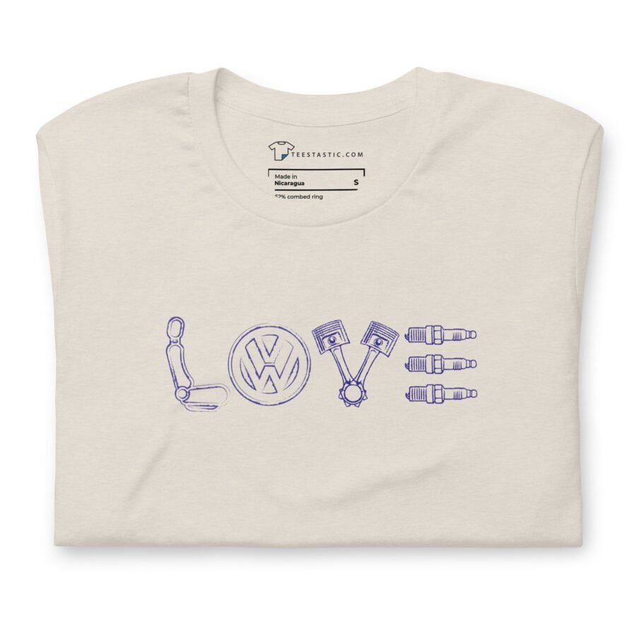 Unisex t-shirt in beige, showcasing "LOVE" creatively composed of car parts: a seat, VW logo, pistons, and spark plugs highlighted in vibrant purple.