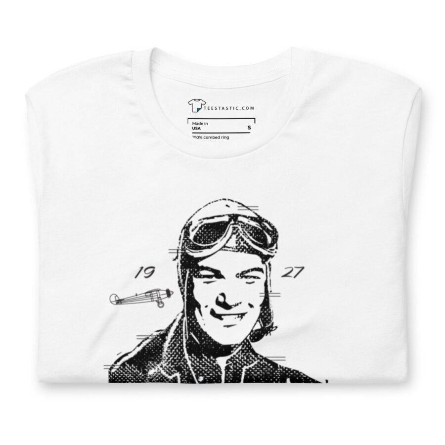 Unisex t-shirt in white, featuring a black and white illustration of a pilot with goggles and helmet, labeled "1927" with a small airplane drawing.