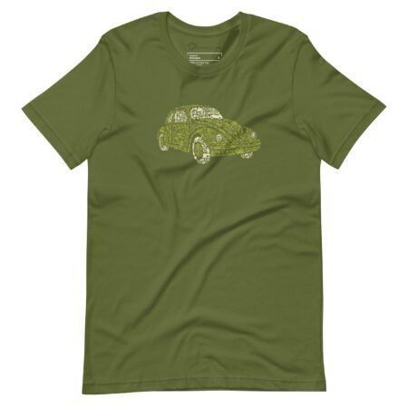 Unisex T-shirt in green featuring a graphic of a retro VW Beetle on the front.