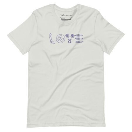 Unisex LOVE | VW Beetle T-shirt showcasing the word "LOVE" creatively spelled out using car parts like a seatbelt, logo, wrenches, and spark plugs.