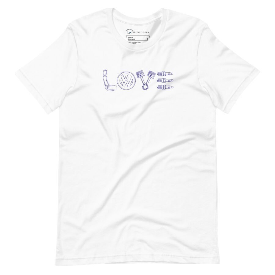 Unisex T-shirt titled "LOVE | VW Beatle" with the word "LOVE" creatively formed using automotive elements such as a wrench, VW Beatle logo, bolts, and spark plugs.