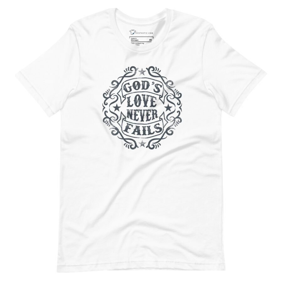 GODS LOVE NEVER FAILS Unisex T-shirt showcasing a stylish circular design with the phrase "God's Love Never Fails" displayed on the front.