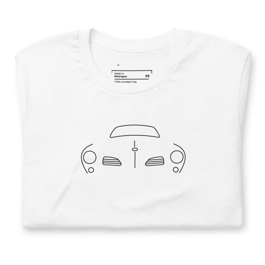 Unisex t-shirt in white, showcasing a minimalist line drawing of a car's front, including headlights and a windshield.